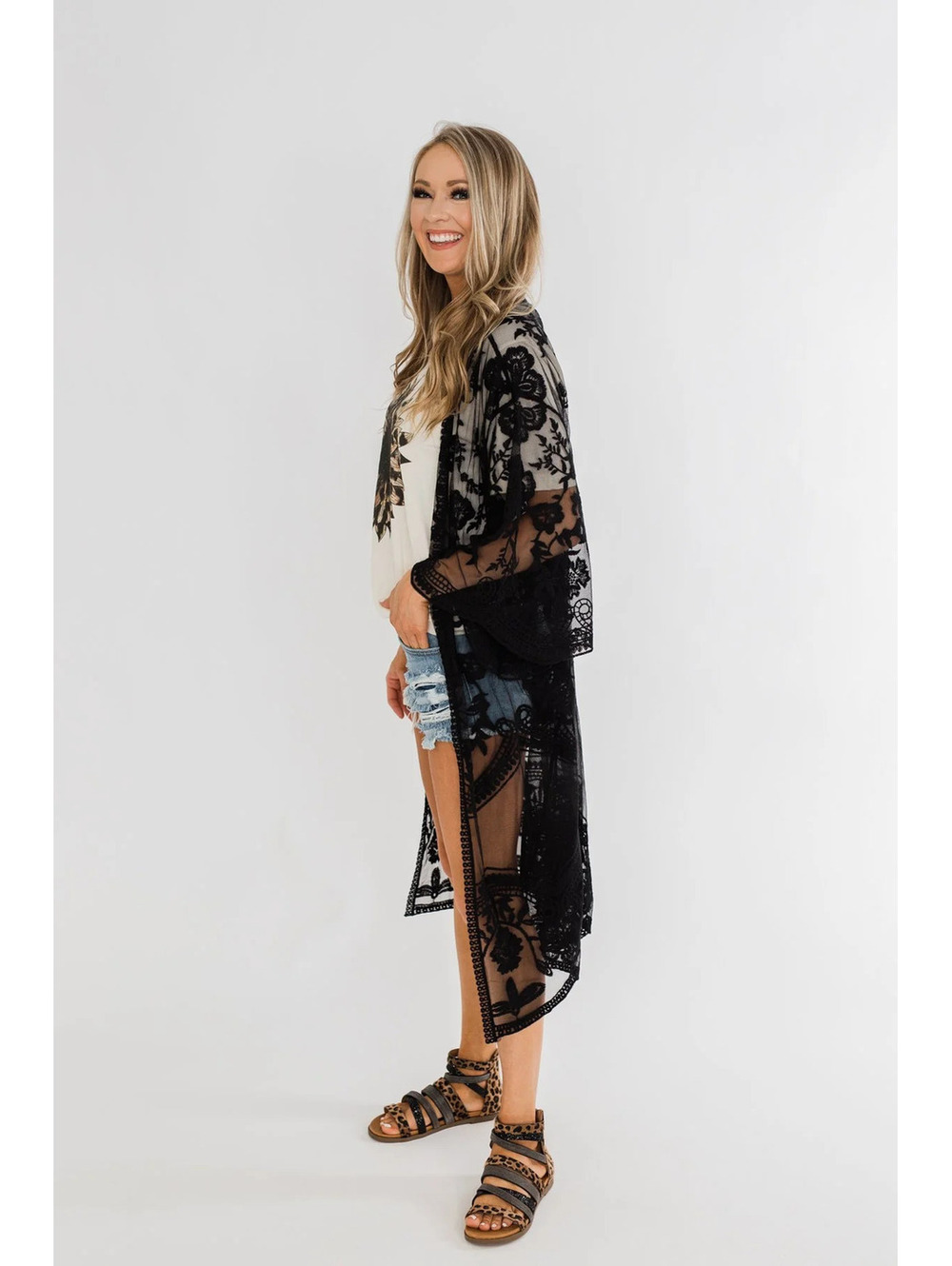 NWT She + Sky Black Floral Embroidered Mesh Lace Open Front Kimono Duster M/L